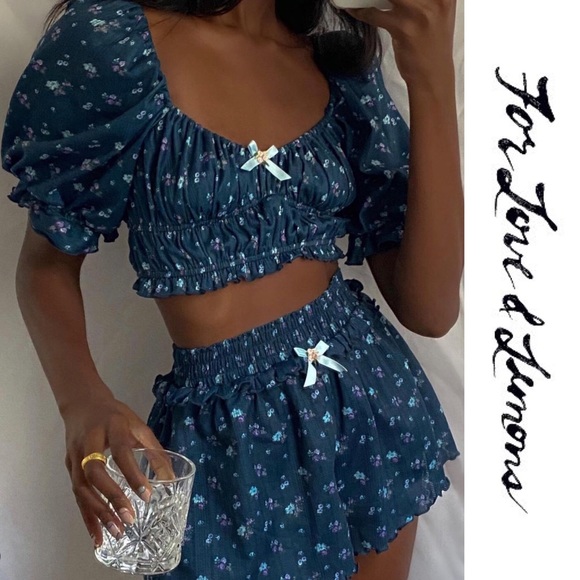 For Love And Lemons Other - For Love & Lemons Lola Pointelle Top & Short Set Blue Floral XL NEW